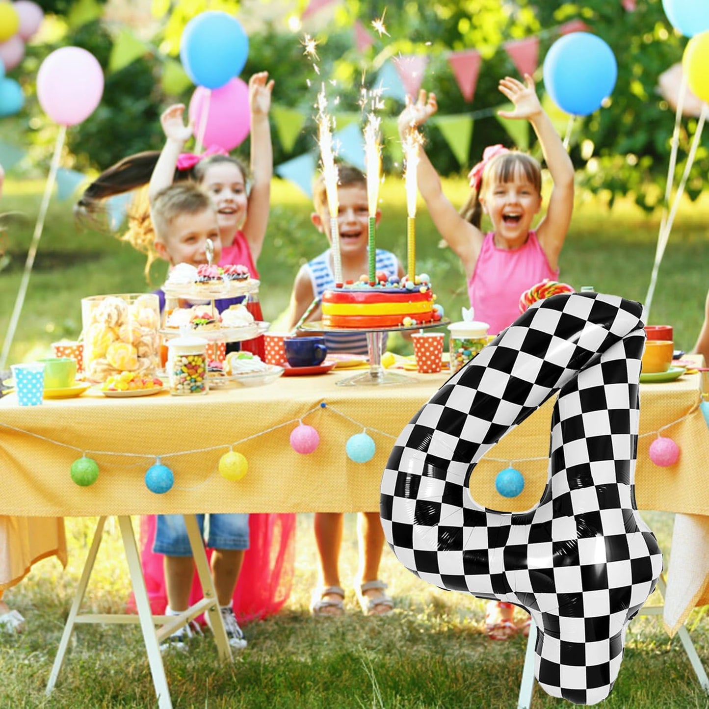 40 Inch Checkered Number Balloon - Race Flag Pattern Big Helium Balloon for Birthday Party Decorations - Black & White Balloon for Kids Adults Party Supplies (Racing Car, Number 4)