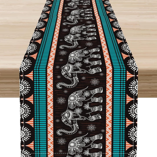 Boho Elephant Table Runner, Vintage Tribal Traditional Bohemian African Animals Ethnic Folk Table Center Decor for Home Kitchen Dining Patio Holiday Party Indoor Table Decorations, 13"x36" Inch