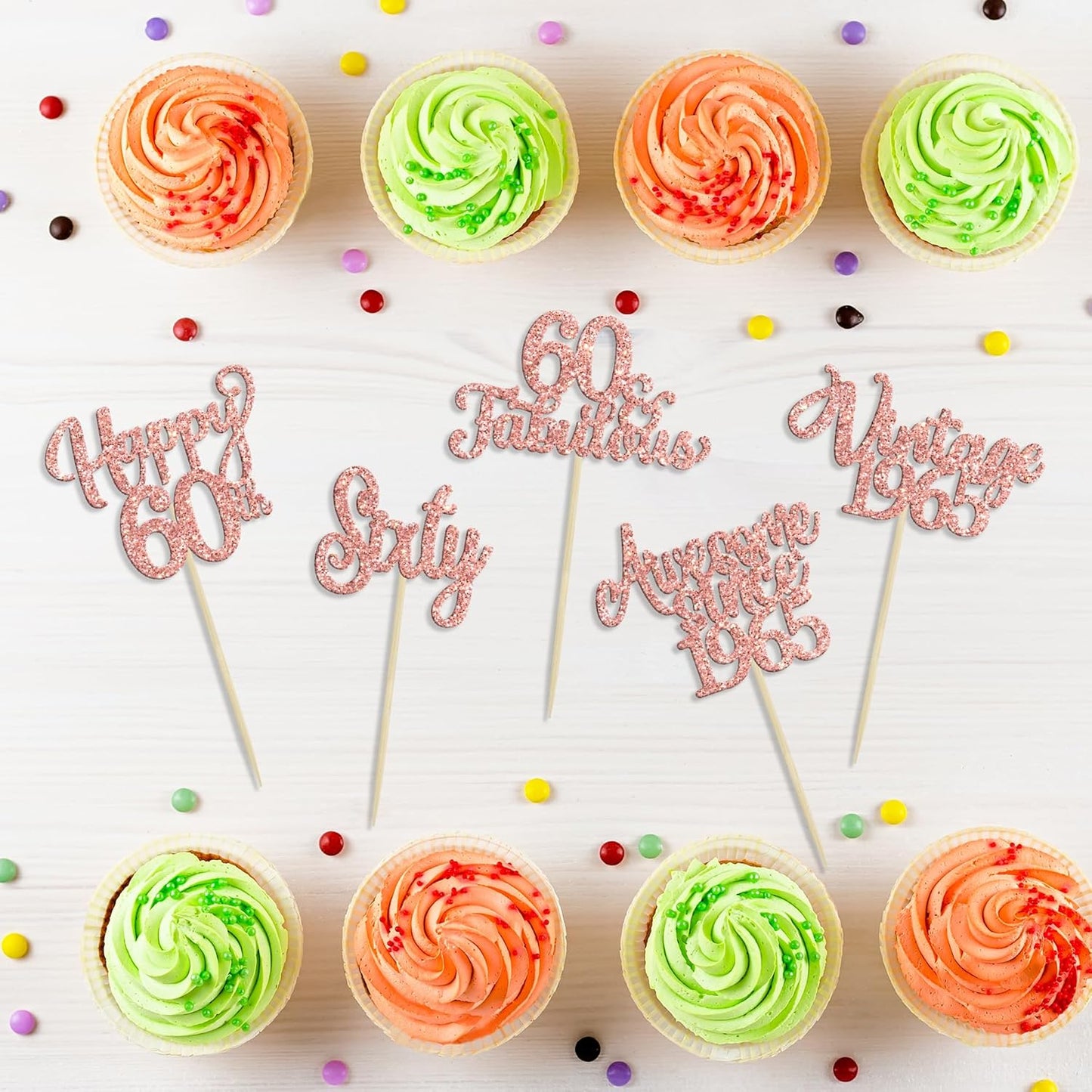 30Pcs Vintage 1965 Cupcake Toppers Glitter Sixty 60 Fabulous Happy 60th Birthday Cupcake Picks Cheers to 60 Years for 60th Birthday Anniversary Party Cake Decorations Supplies Rose Gold