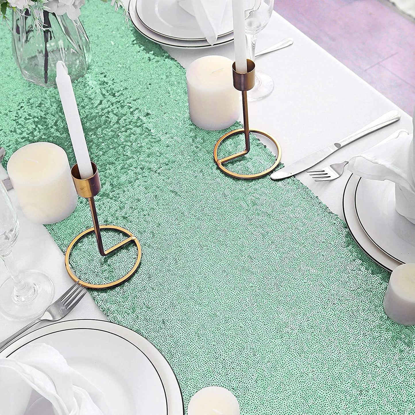 Eternal Beauty 5PCS-12X108 Mint Green Sequin Table Runner for Wedding, Decorations for Birthday Parties, Banquets, Graduations,Christmas