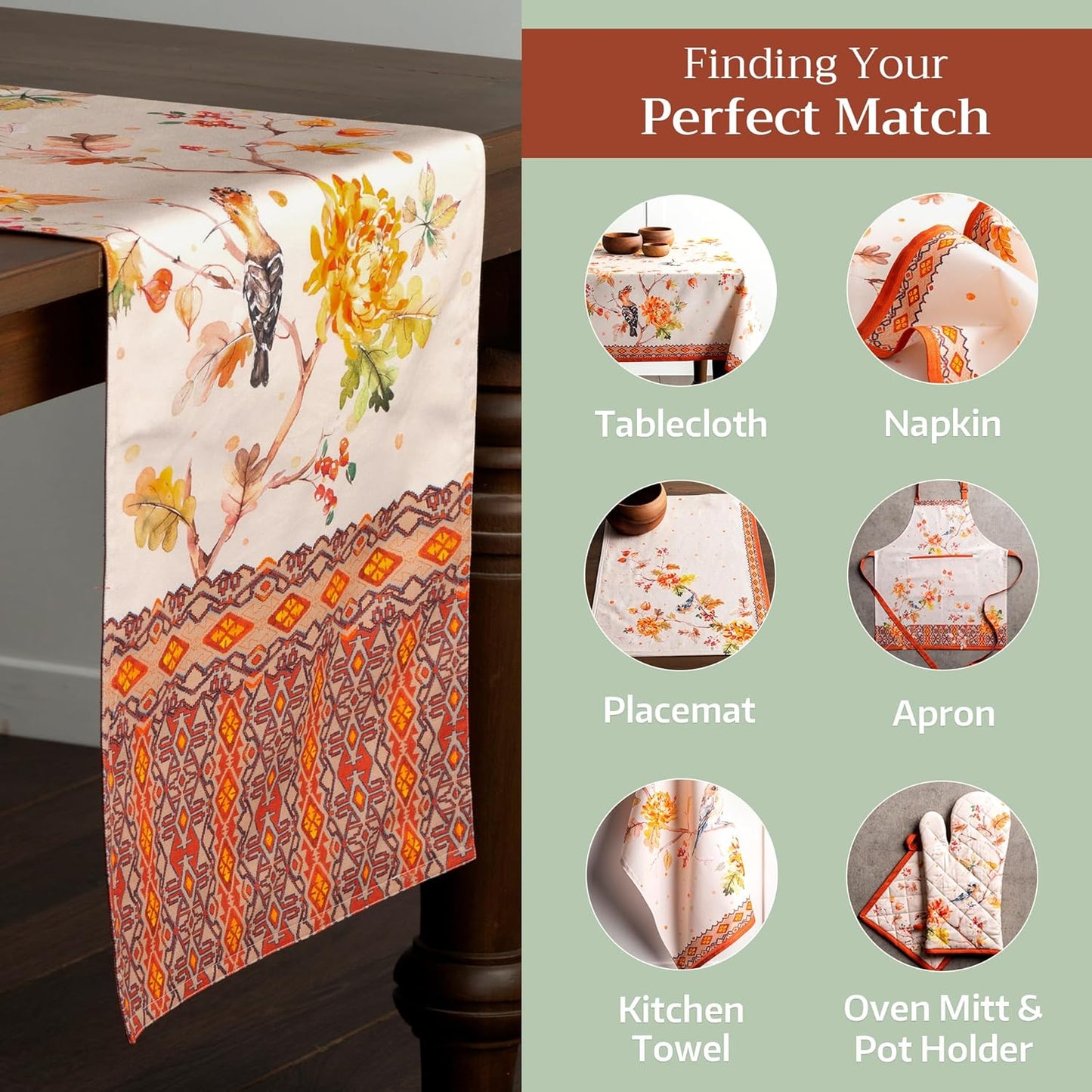 Maison d' Hermine Table Runner 100% Cotton Double Layer Table Runners 72 inches Long for Thanksgiving Christmas Decorations Home Kitchen Dining Party Wedding (Kelim - Prairie, 14.5" x 72")