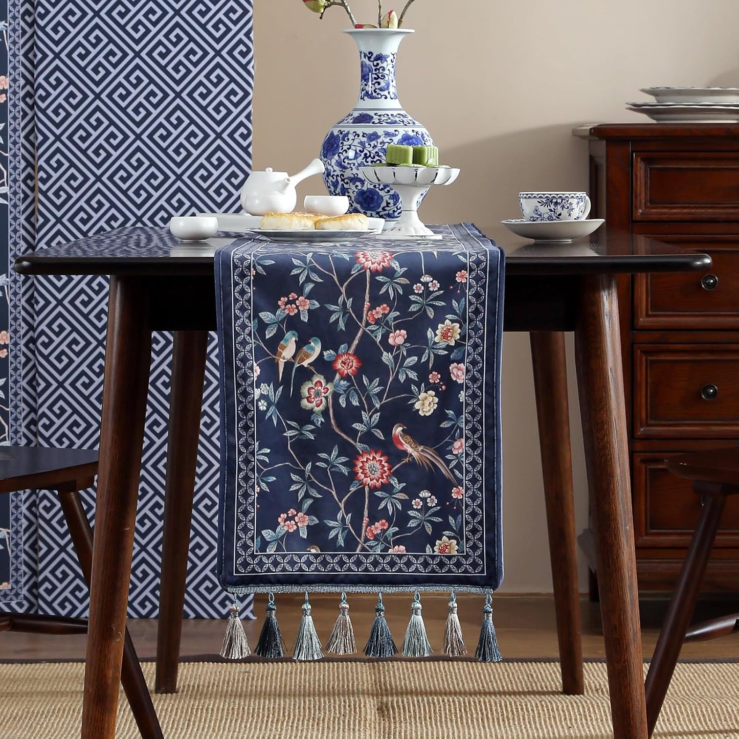 patdrea Vintage Chinoiserie Floral Table Runner Farmhouse for Home Kitchen Dining Decor Parties Family Dinners 12"*87"