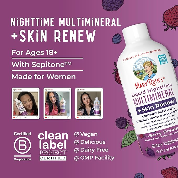 MaryRuth's Liquid Nighttime Liquid Multimineral + Skin Renew | Clinically Shown in Women to Reduce Fine Wrinkle & Improve Skin Firmness | Sepitone | NO Melatonin | Magnesium | Vegan | 15 Servings