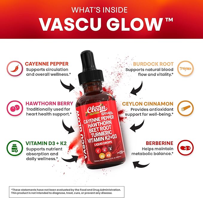 Clean Nutra Cayenne Pepper Drops Supplement Liquid + Hawthorn Berry, Vitamin D3 K2 Beet Root Powder, Ceylon Cinnamon, Turmeric Curcumin, Organic Panax Ginseng, Berberine Extract 1 Pack