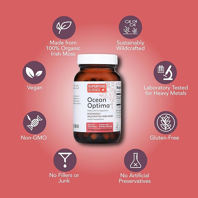 Ocean Optima Wild Irish Sea Moss Organic & Kosher, 100% Natural Sea Kelp Iodine Supplement, Minerals & Amino Acids for Thyroid, Hair Skin Nail, Digestion, Chondrus Crispus, Gym Essentials, 90 Caps