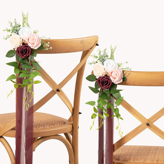 DORIS HOME Wedding Chair Decorations Burgundy Pew Flowers Set of 10 for Wedding Ceremony Party Aisle Decor with Artificial Flowers Eucalyptus and Ribbons