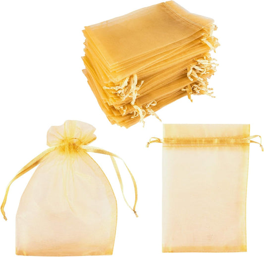 Super Z Outlet 100 Pack 4x6 Inch Mini Sheer Drawstring Organza Transparent Bags Jewelry Sack Pouches for Wedding, Party Decorations, Arts & Crafts Gifts (Gold)