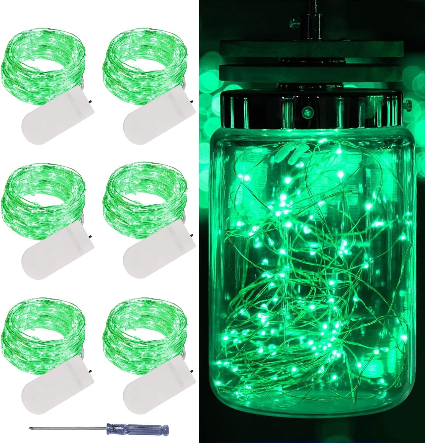 LAMPHOME 6 Pack St Patrick's Day Fairy Lights Battery Operated String Lights 6.6ft 20 Led Mason Jar Lights Waterproof Silver Wire Light Fireflies DIY Party Wedding Christmas Decoration(6 Pack,Green)
