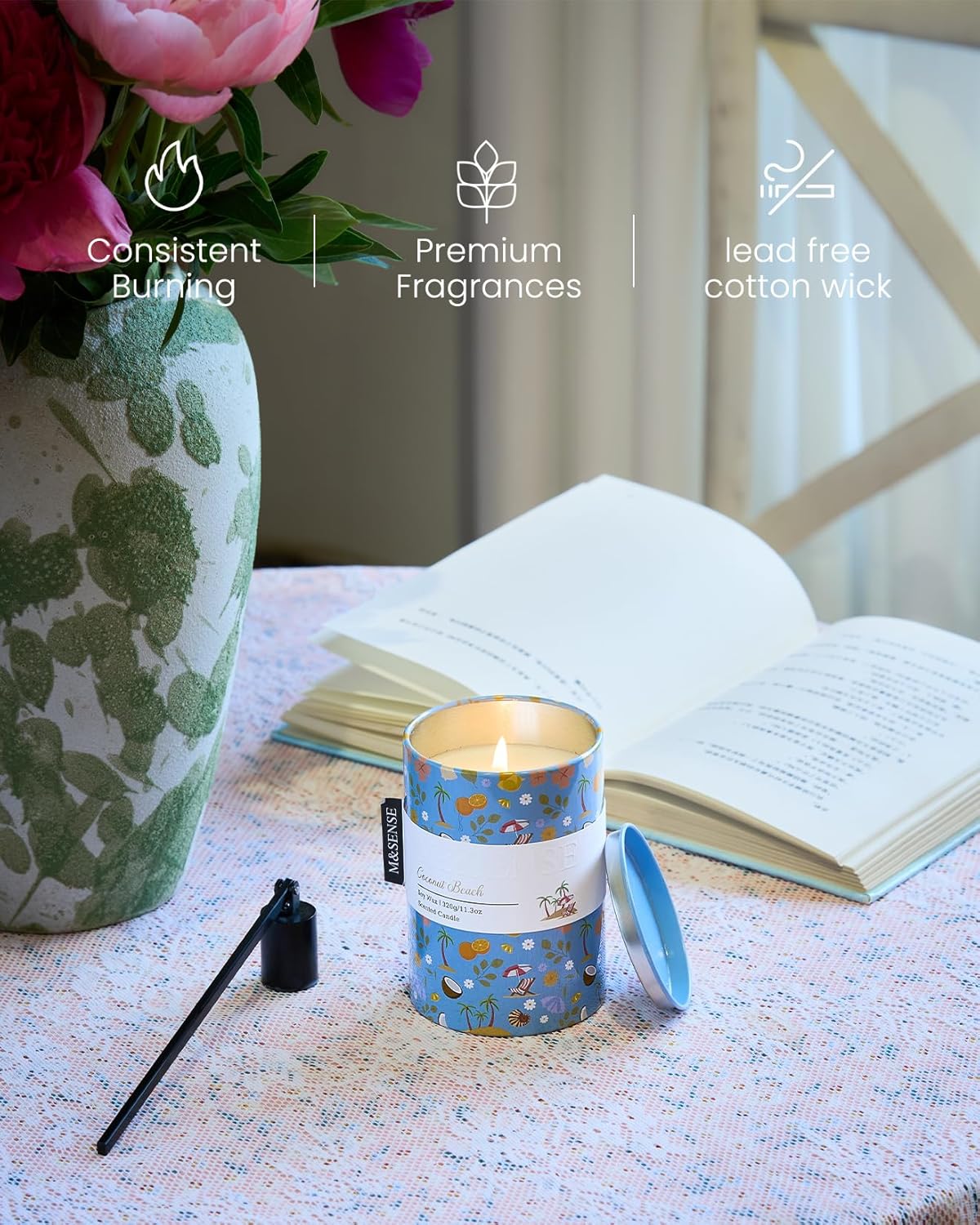 M&SENSE Coconut Beach Scented Candle, Medium Jar Candle 11.3oz Natural Soy Wax for Home Scented, Floral Candles Gift for Spring Holiday, Up to 70 Hours Burning Long-Lasting Fragrance
