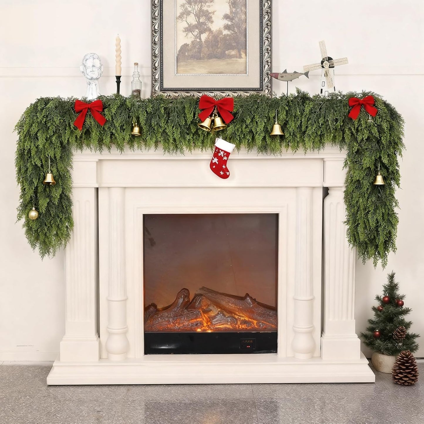 9FT Real Touch Cedar Garland - Artificial Christmas Garland Fake Green Faux Thick and Lush Pine Needles Garlands for Table Fireplace Mantle Holiday Home Indoor Outdoor Decor (1PCS)