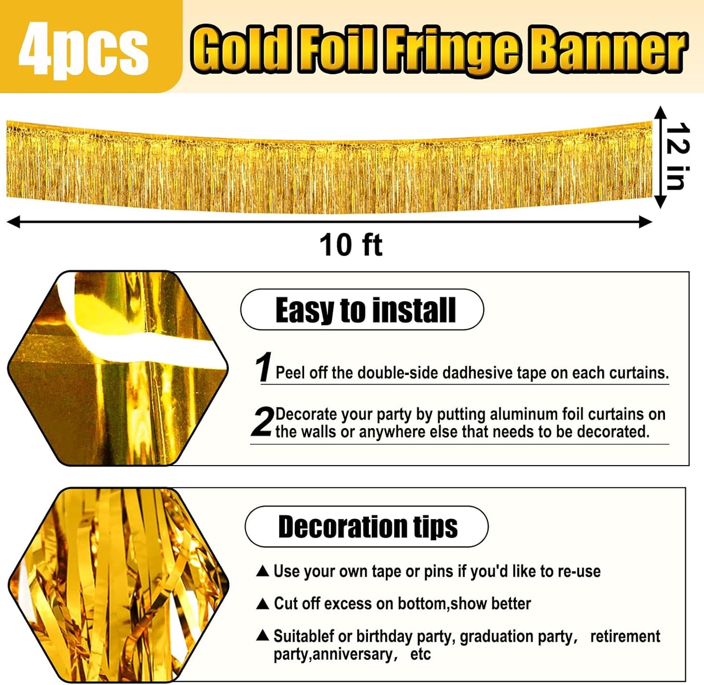 4 Pack 10 Feet Gold Foil Fringe Garland Metallic Tinsel Streamers Banner Wall Hanging Curtain Backdrop for Parade Floats, Wedding, Graduate, Mother's Day, Birthday Party Decoration