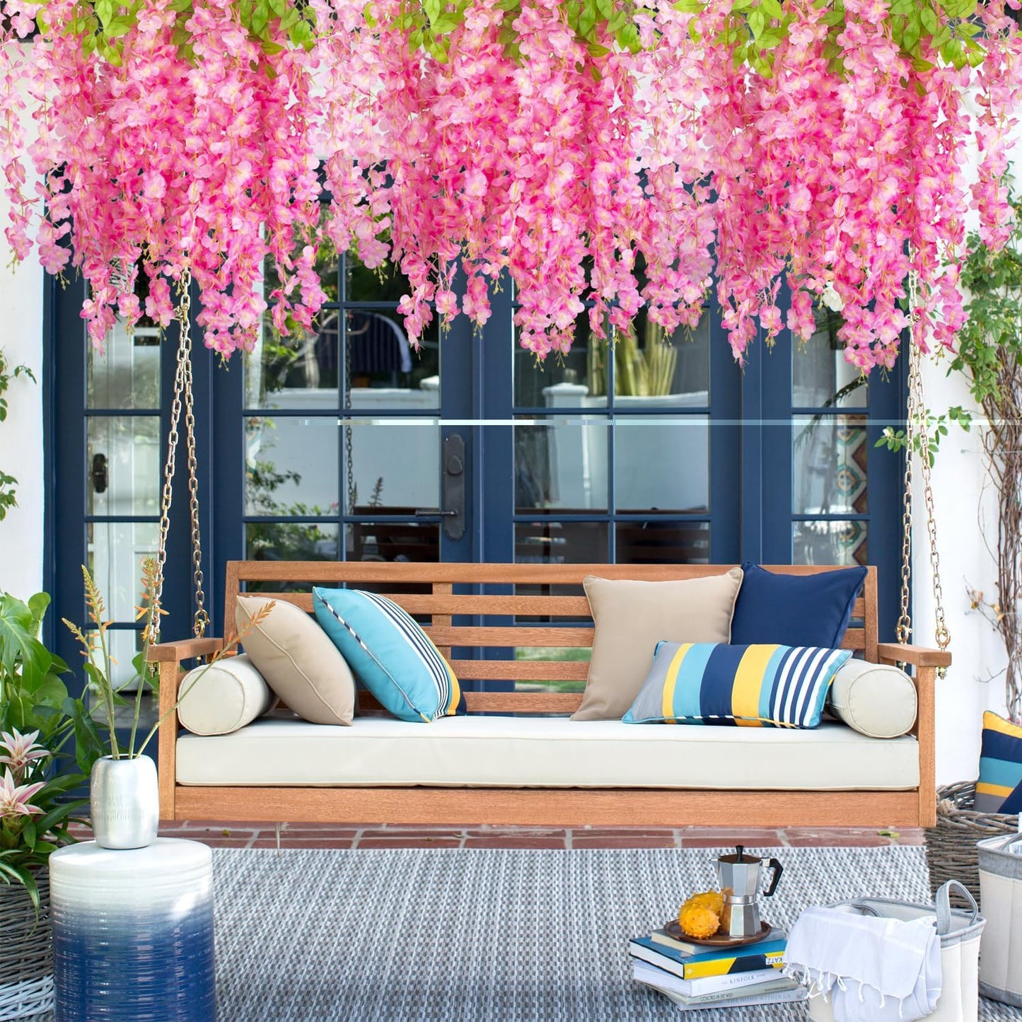 24 Pack Artificial Fake Wisteria Vine Ratta (3.75 Feet) Hanging Garland Silk Flowers String Home Party Wedding Decor (Deep Pink)