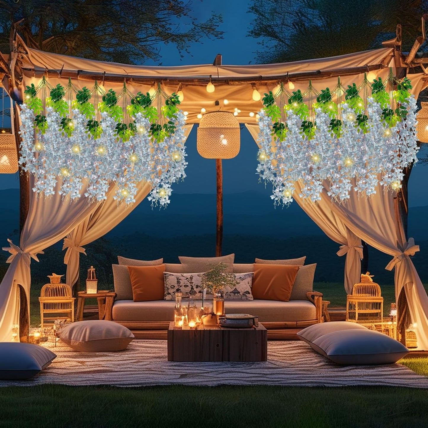 12 Pack Grey Wisteria Hanging Flowers Garland with Lights, 3.44 Feet Artificial Flower Vines, Fake Wisteria, Artificial Vines Hanging Garland for Backdrop Outdoor Patio Garden Decor