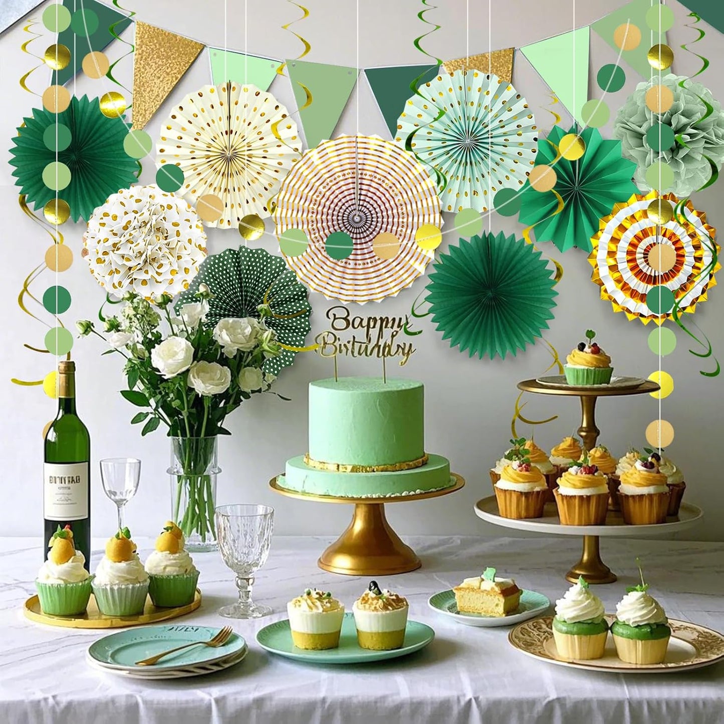 Paper Fans Party Decorations Glitter Green Gold Paper Triangle Flag Banner Tassel Garland Circle Banners Party Supplies for Bachelorette, Birthday, Bridal Shower Birthday Wedding Bachelorette