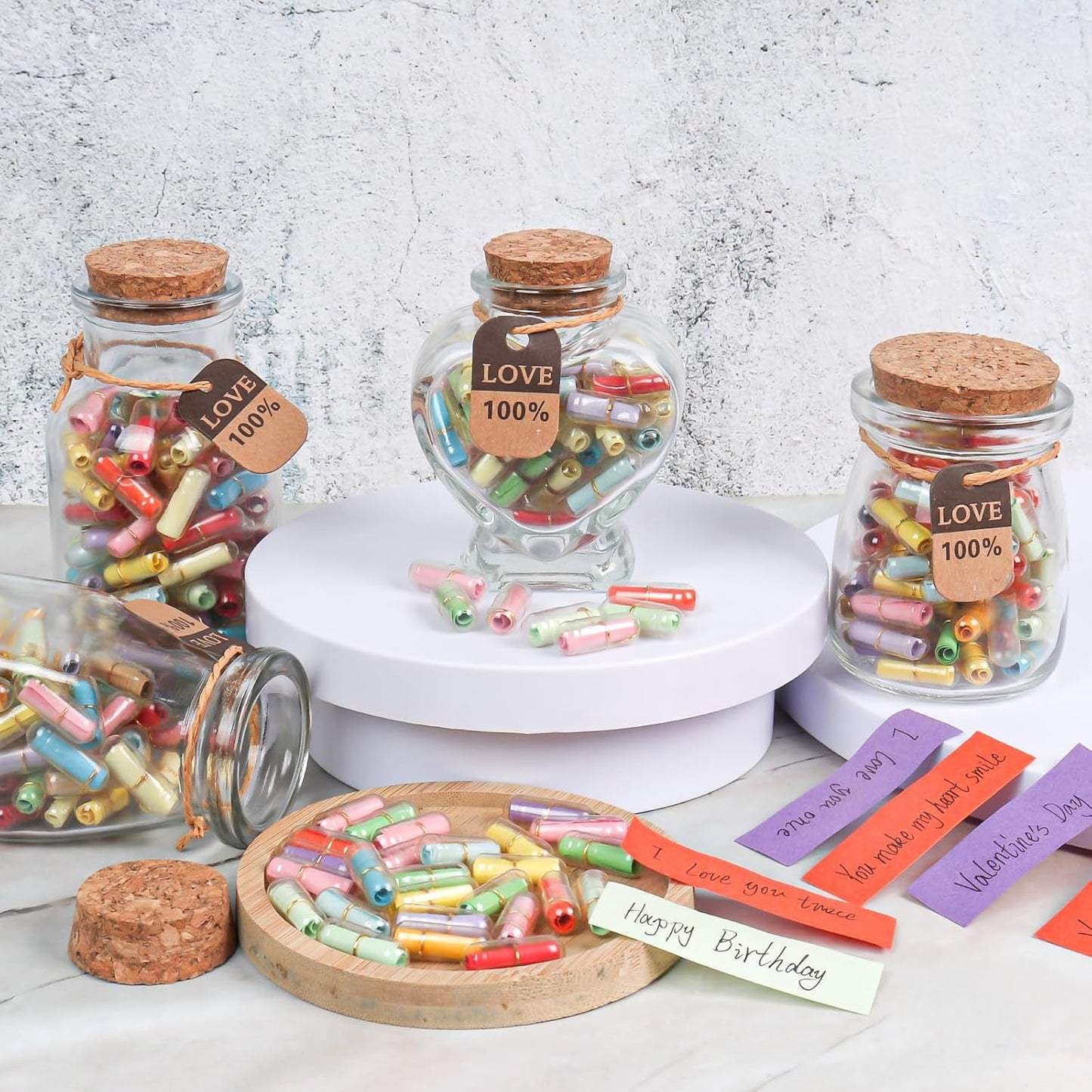 Capsule Letters Message in Glass Bottle，Message Pills Love Letter Gift for Boyfriend Girlfriend Wife Friend Birthday Christmas Anniversary Valentine Day Gift. (44PCS in a Bottle)
