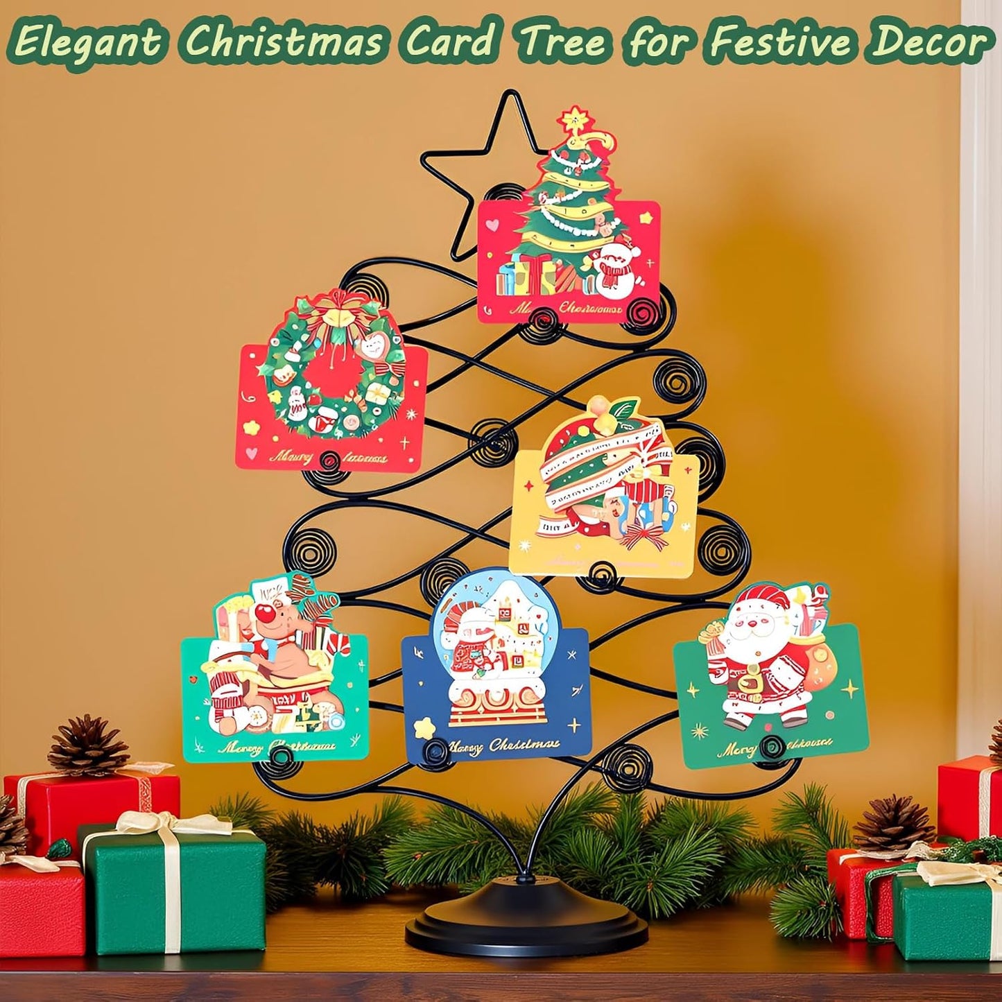 Decorative Metal Christmas Tree Card Holder, 18 Inch Tabletop Holiday Card Display Rack with Star Topper, Black Wire Tree Cards and Photo Holders Stand, Holds up to 19 Place Cards and Memos Pictures