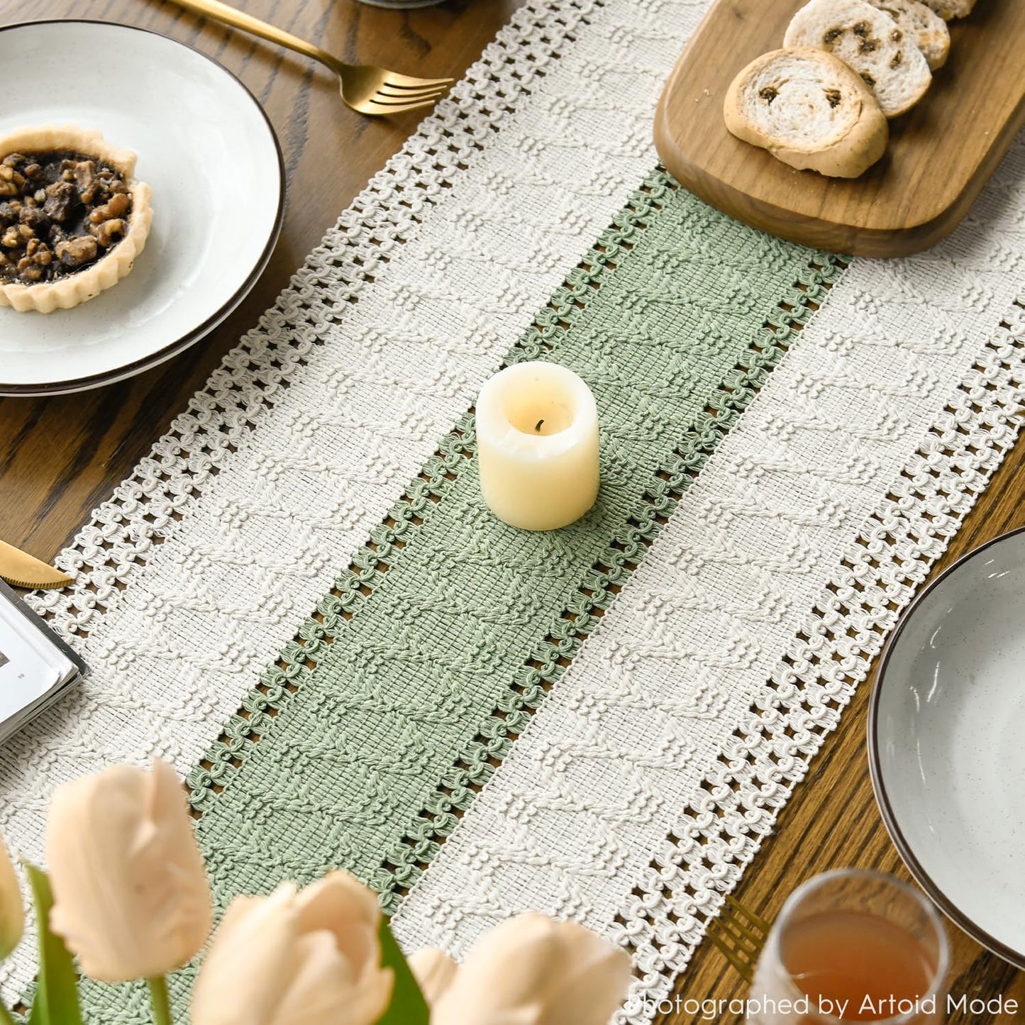 Artoid Mode Light Green Farmhouse Rustic Table Runner, Seasonal Holiday Hollow Kitchen Dining Table Decoration for Home Party Decor 12x90 Inch