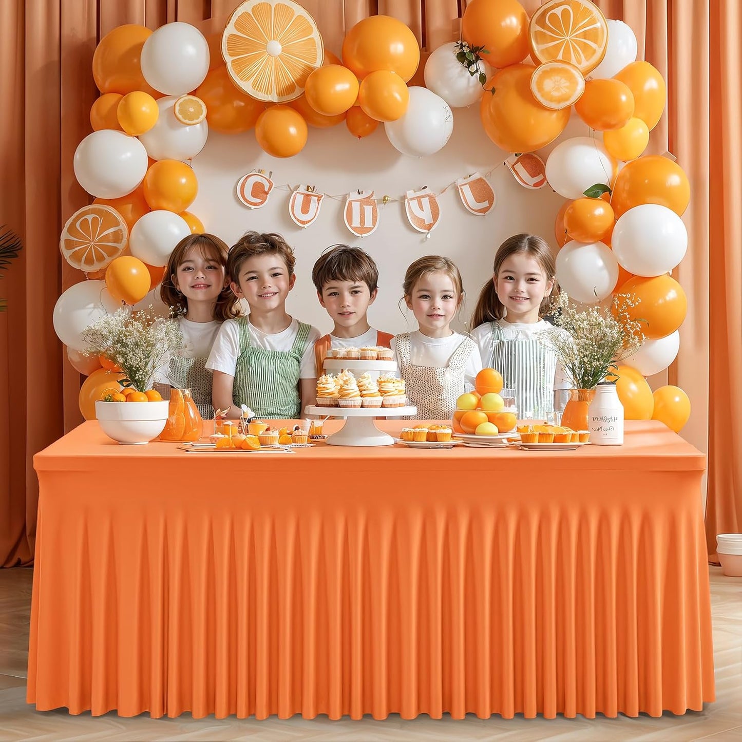 Wish Care 2 Pack Orange Spandex Table Clothes for 4 Foot Rectangle Tables, 4FT Wrinkle Free Fitted Tablecloths Ruffles Design Table Cover for Party, Banquet, Wedding and Events