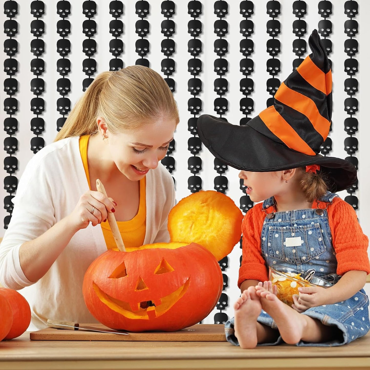 CANREVEL 2 Pack 3.2x6.5 Feet Halloween Foil Fringe Backdrop Curtains, Black Skull Tinsel Streamers Party Decorations, Fringe Backdrop for Wall Door Indoor Outdoor Decorations