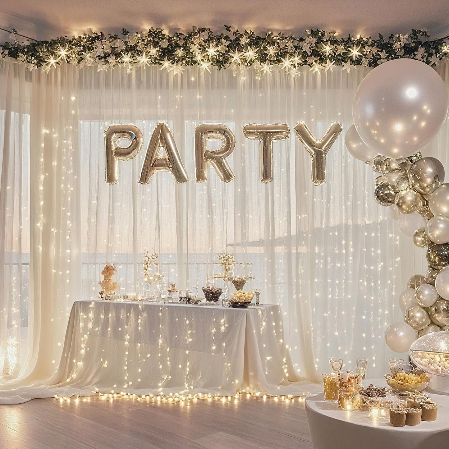 10×10ft Tulle Backdrop Curtains with Lights String - 300LED Fairy Lights Sheer Curtain Backdrop for Weddings Baby Shower and Birthday Party Decorations(2 Panels 5×10ft)