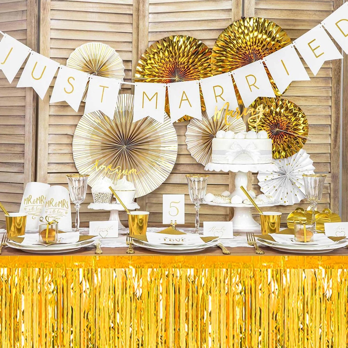 3 Pack 29 x108 Inch Gold Foil Fringe Table Skirts Metallic Banner for Tinsel Streamer Garland Backdrop for Parade Floats Mother's Day, Graduate, Birthday, Wedding Party Decoration