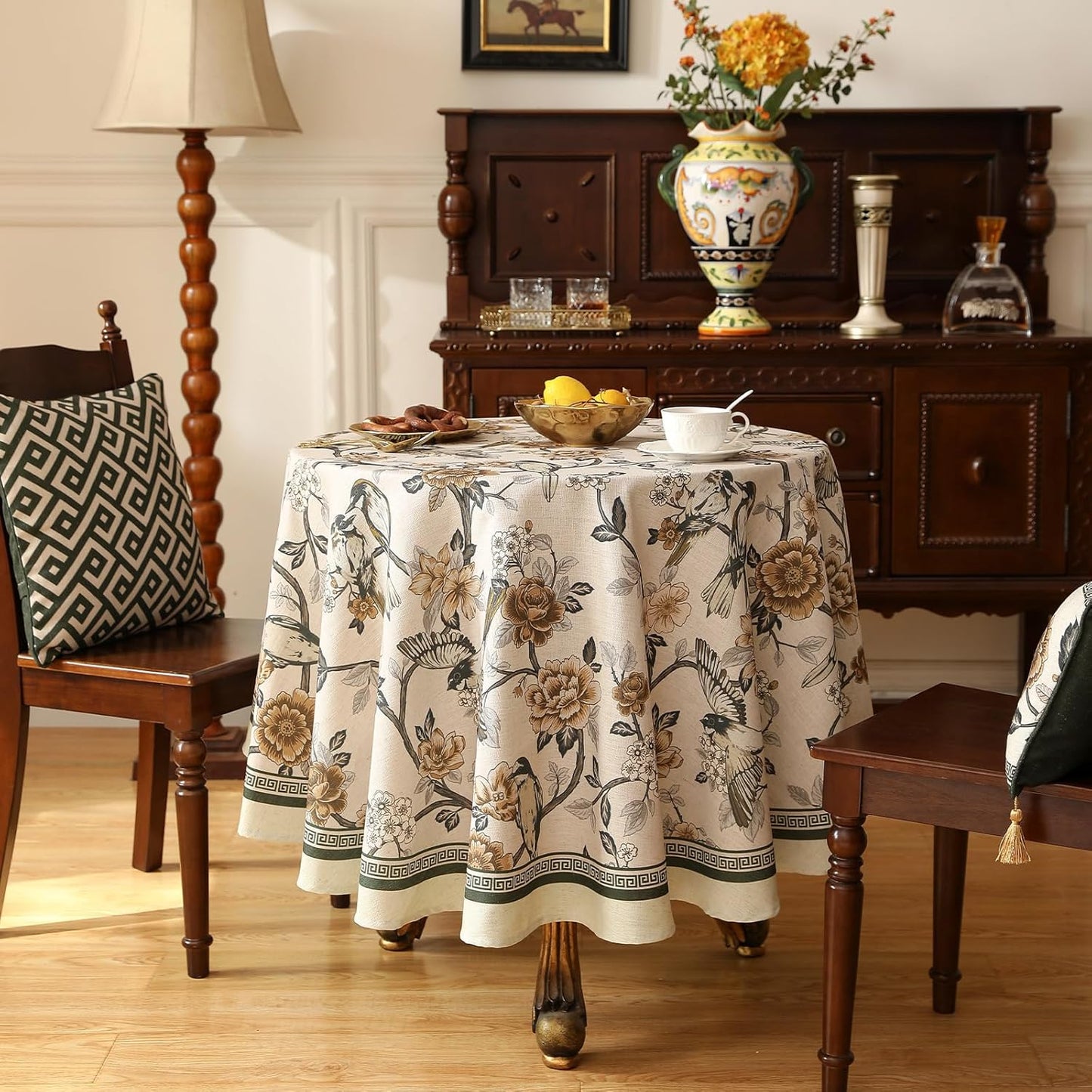 ISAENNE Designer Vintage Linen Round Table Cloth,Floral and Bird Pattern Elegant Tablecloth,Fall Wrinkle Resistant Home Decor Tablecloths for Dining Kitchen Christmas,Diameter 67"-Murad A