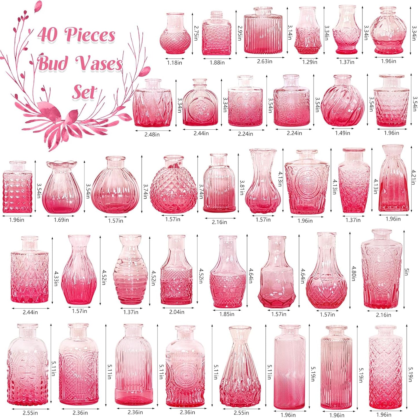 Set of 40 Glass Bud Vases, Small Pink Glass Vases in Bulk, Mini Vintage Embossed Flower Vase for Wedding, Centerpieces, Birthday Party, Baby Shower, Home Table Decorations (Pink)