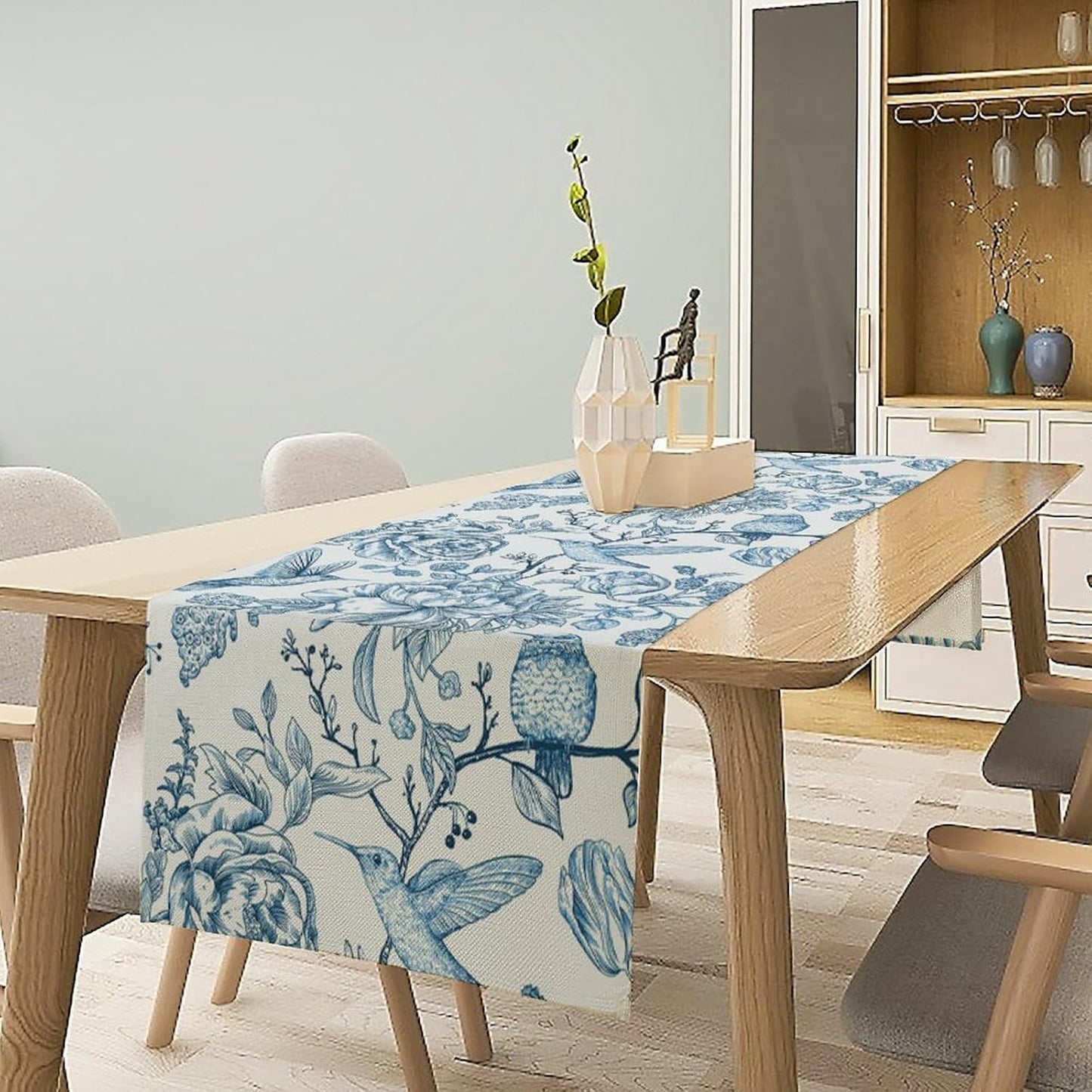 Blue White Table Runner Retro Monochrome Sketch Birds Flower Vintage Floral Kitchen Dining Table Decoration for Home Party Holiday 13"x108"