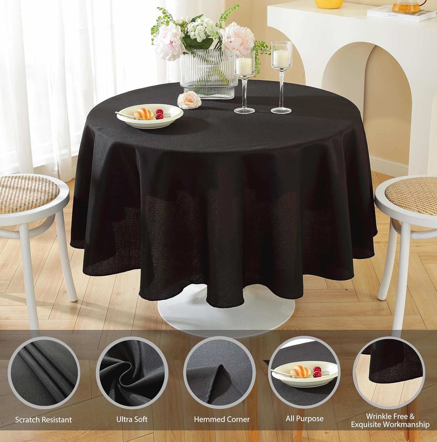 Craft And Party Round Tablecloth, 108 Inch Black Tablecloth, Polyester Fabric Washable Table Cloth for Home, Party, Wedding or Restaurant Use.