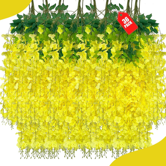 36 Pack Yellow Wisteria Hanging Flowers, 3.44 Ft Fake Hanging Flowers, Artificial Wisteria Garland Vines for Wedding Room Backdrop Outdoor Patio Garden Decoration