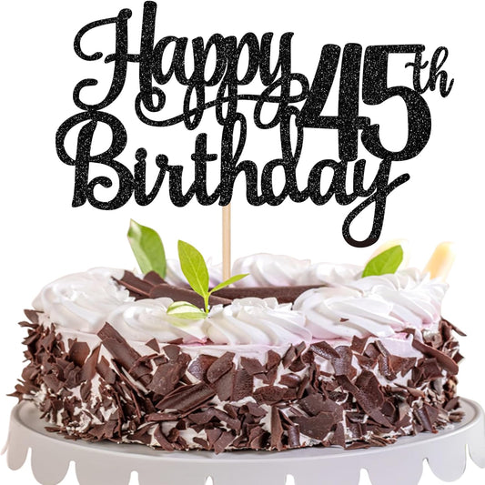 1 PCS Happy 45th Birthday Cake Topper Glitter Cheers to 45 Years Birthday Cake Pick 45 Fabulous Cake Decoration for Happy 45th Birthday Theme Party Decorations Supplies Black