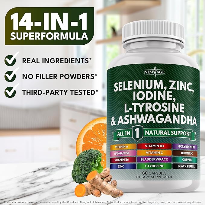 NEW AGE Selenium, Zinc, Iodine, L Tyrosine, Ashwagandha - Supplement for Women and Men with Bladderwrack, Turmeric, Silica Kelp, Schisandra - 120 Count