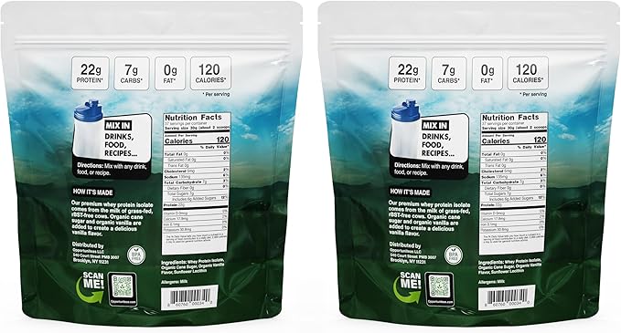 Opportuniteas Grass Fed Vanilla Whey Protein Isolate Powder - 22g Protein Powder Without Artificial Sweeteners, Hormone-Free Cows, Non GMO - 5lb