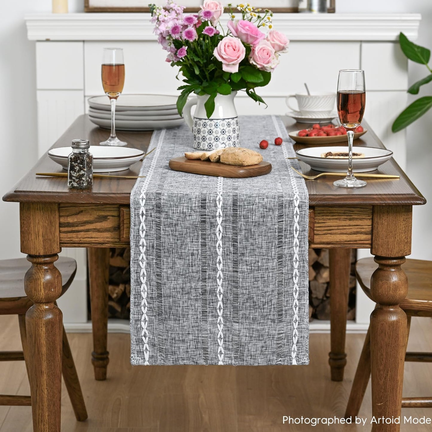 Artoid Mode Dark Grey Rustic Cotton Linen Table Runner, Seasonal Embroidered Hollow Kitchen Dining Table Decoration for Home Party Decor 13x60 Inch