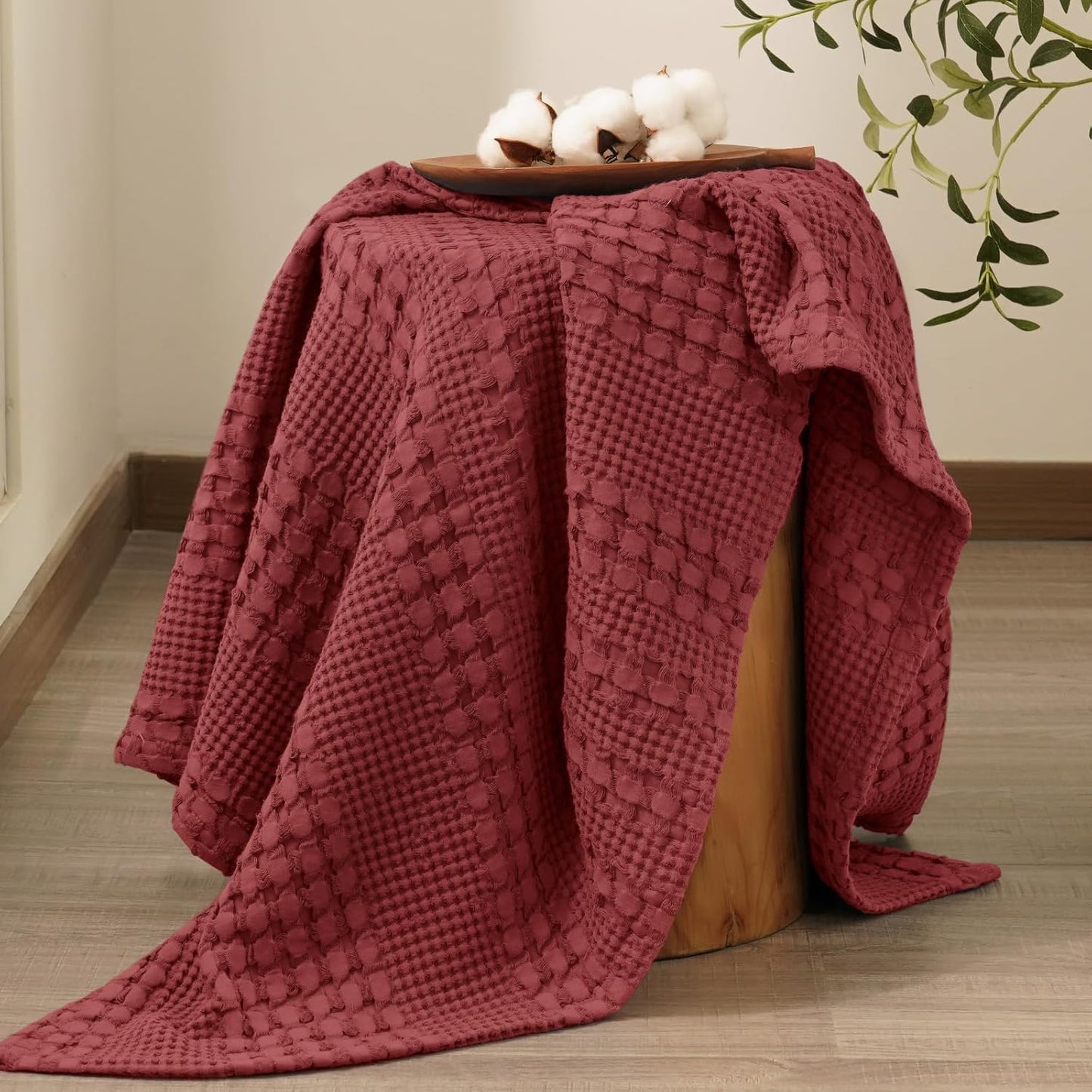 PHF 100% Cotton Waffle Weave Throw Blanket, Soft Lightweight Breathable Cozy Throws for Couch Bed Sofa, Luxury Aesthetic Woven Blanket for Home Decor & Office, 50"x60", Wine Red