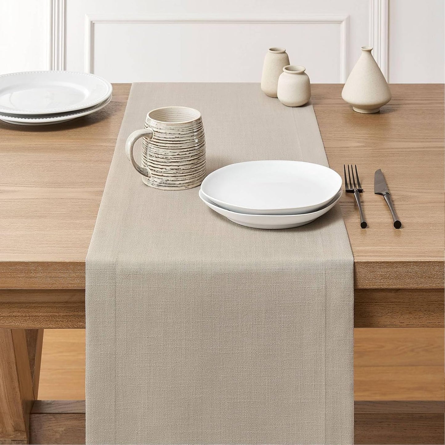 ZeeMart Linen Textured Border Table Runner, 14 x 60 Inch Natural, Farmhouse Style Neutral Table Runners 60 Inches Long, Easy Care Everyday Polyester Table Runner