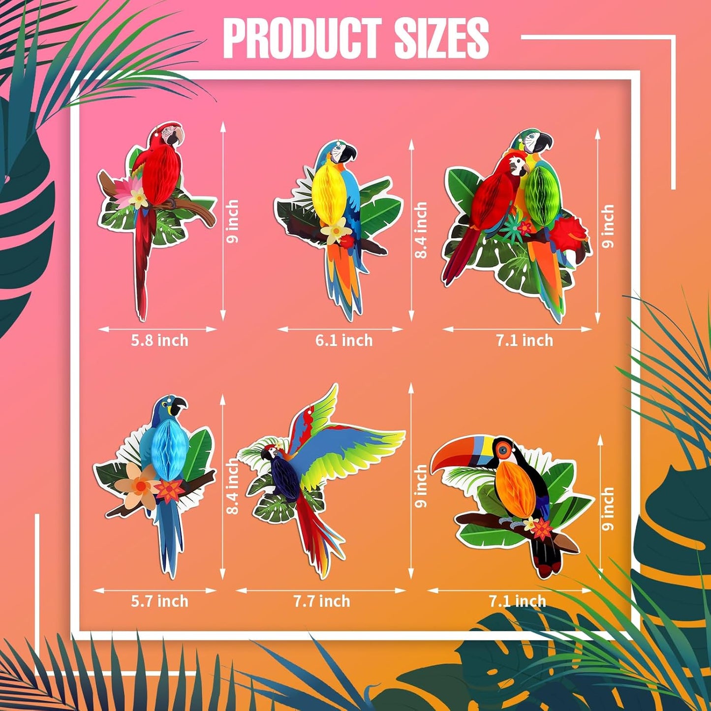 6Pieces Tropical Birds Honeycomb Parrot Paper Cutouts Decorations, Hawaiian Party Hanging Parrot Decorations for Luau Summer Rainforest Party Indoor Outdoor