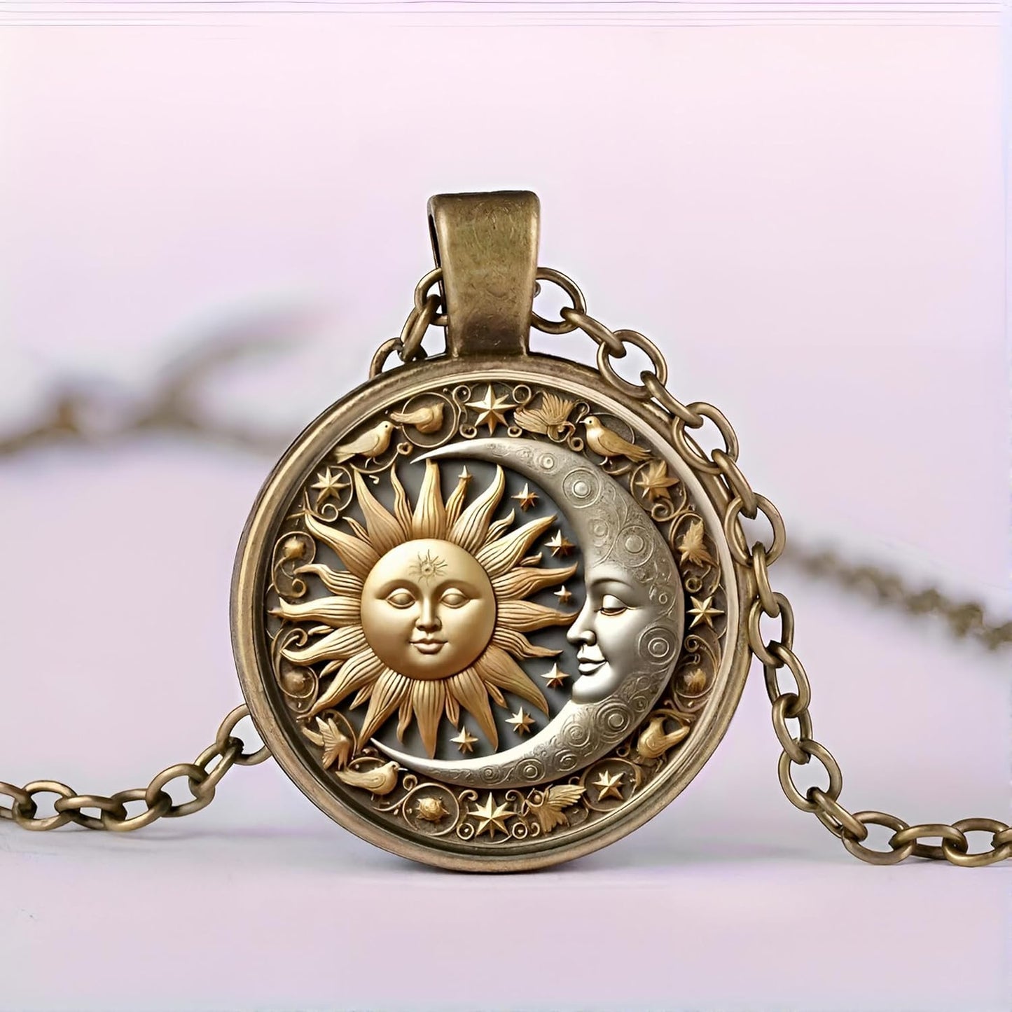 1pc Stunning Round Pendant Necklace - Unique Sun & Moon Pattern, Oil Painting Style Glass Mosaic, Alloy Construction, Trendy Sweater Chain, Fashionable Gift for Women - Christmas or Birthday Gift