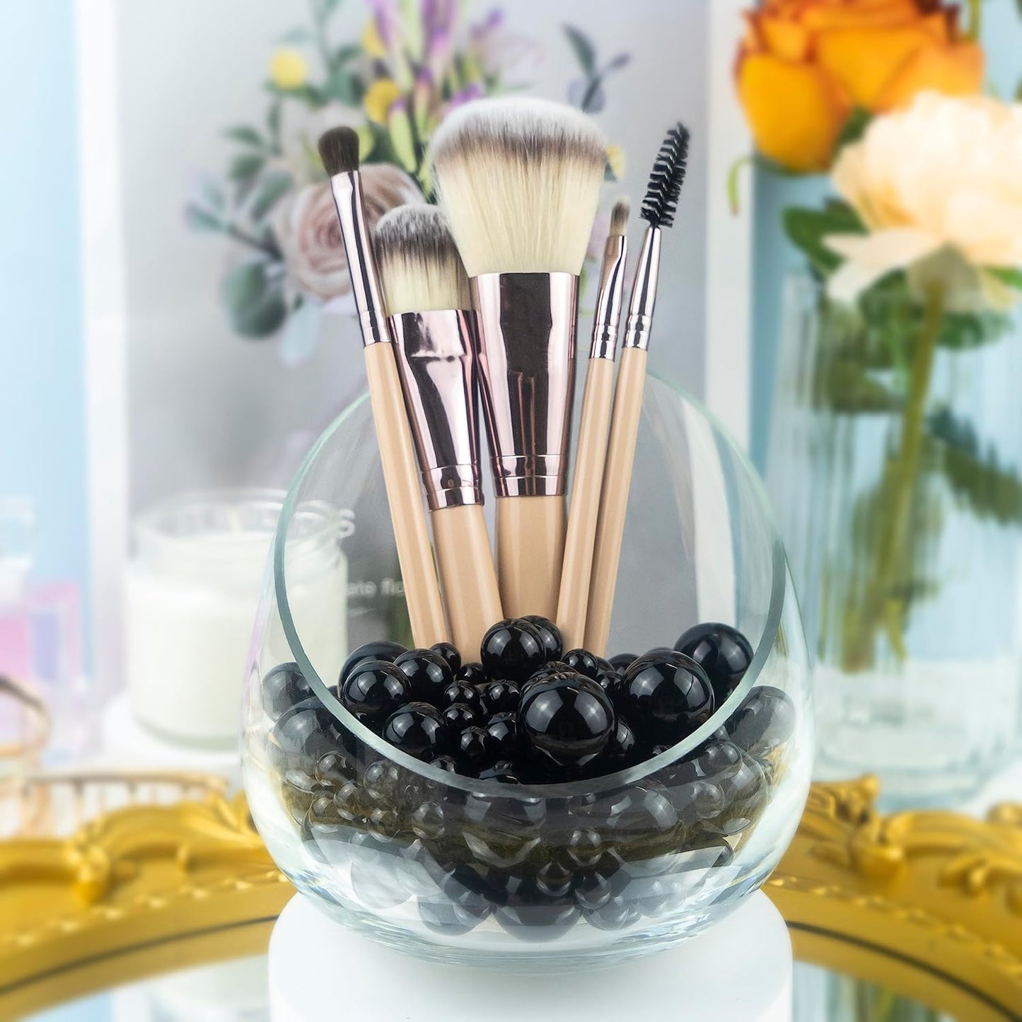 150Pcs Black Polished No Hole Faux Pearl Beads for Vase Filling Decorations, Plastic Pearls Vase Fillers, Table Scatters, Wedding Centerpiece, Home Decor, 8/14/20 mm