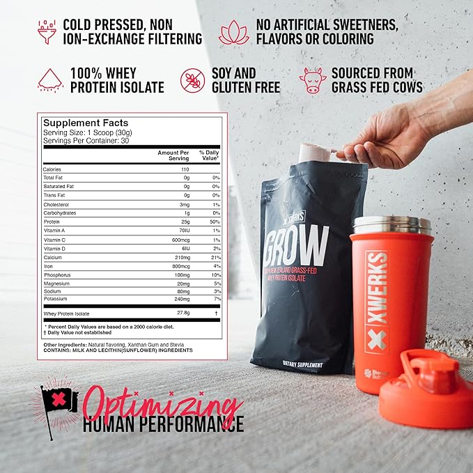Xwerks Grow 100% New Zealand Grass Fed Whey Protein, 25g Pure Isolate Protein Powder Per Serving, All Natural Paleo and Keto Friendly, Soy Free Gluten Free Easy to Digest, Vanilla, 30 Servings