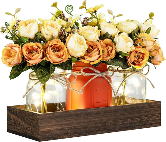 Mason Jar Lights Centerpiece Table Decorations Fall Decor for Home – 3 Jar Flowers with String Lights and Wooden Tray for Dining Room, Farmhouse Autumn Wedding, Kitchen, Living Room, Bathroom