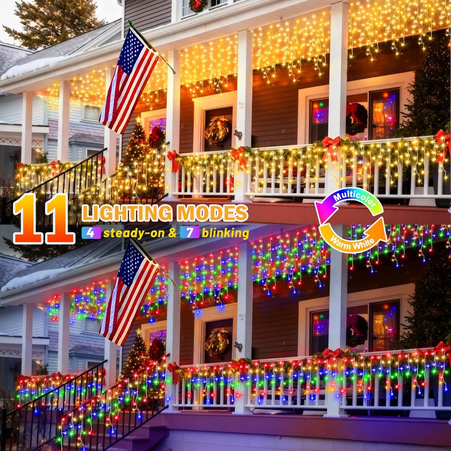 KNONEW Christmas Lights Outdoor Color Changing 400 LED 33ft 11 Modes Curtain Fairy String Light with 75 Drops, Clear Wire LED Lights for Wedding Party Holiday Christmas (Warm White to Multicolor)