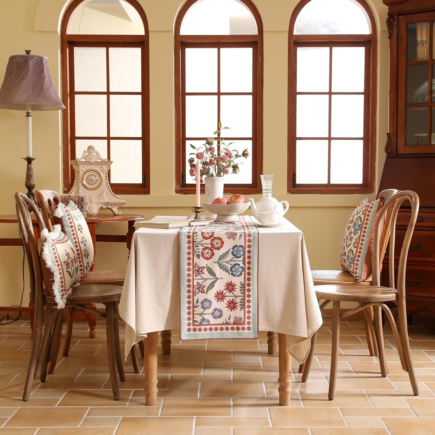 Decorative Linen French Table Runner 71 Inches Long,Green Floral Rustic Runner for Table Decor Tabletop Table Runners for Kitchen,Dining,Tea Party,Home,Christmas,12"*71"