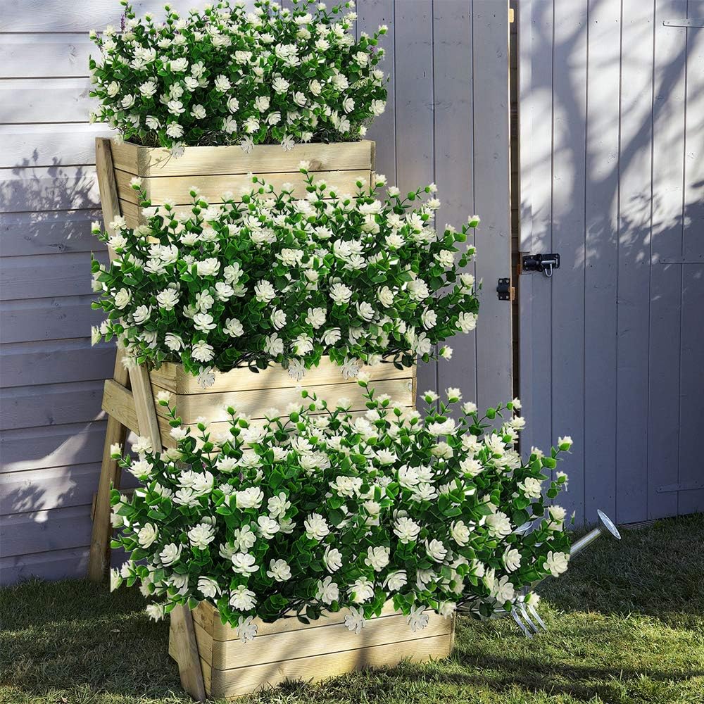 10 Bundles Artificial Fake Flowers, Faux Outdoor Plastic Plants UV Resistant Shrubs Outside Indoor Decorations (White-Eucalyptus)