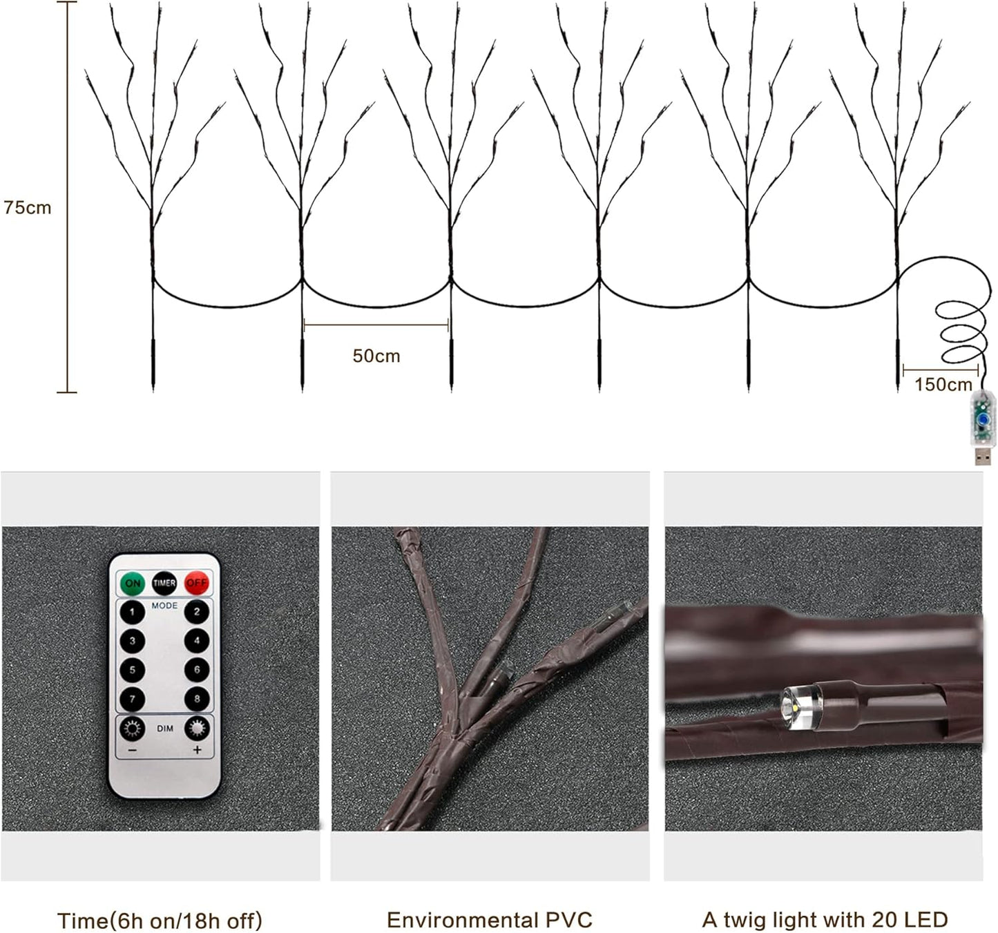 MENCH Branch Lights,6 Pcs Twig Light USB&Battery Powered 8 Flashing Modes by Remote Control.Branch Lights for Indoor, Light Up Decorations for Halloween Day and Christmas,Blue