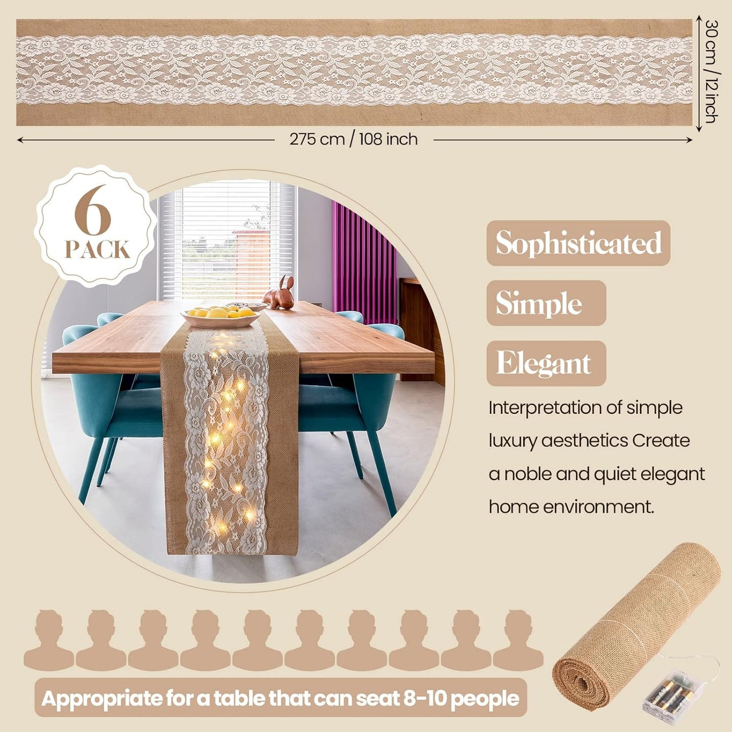 Tudomro 6 Pcs Burlap Table Runner with LED String Lights 12 x 108 Inches Rustic Jute Lace Table Runners Farmhouse Jute Linen Decoration Wedding Decor for Holiday Party Wedding Decorations