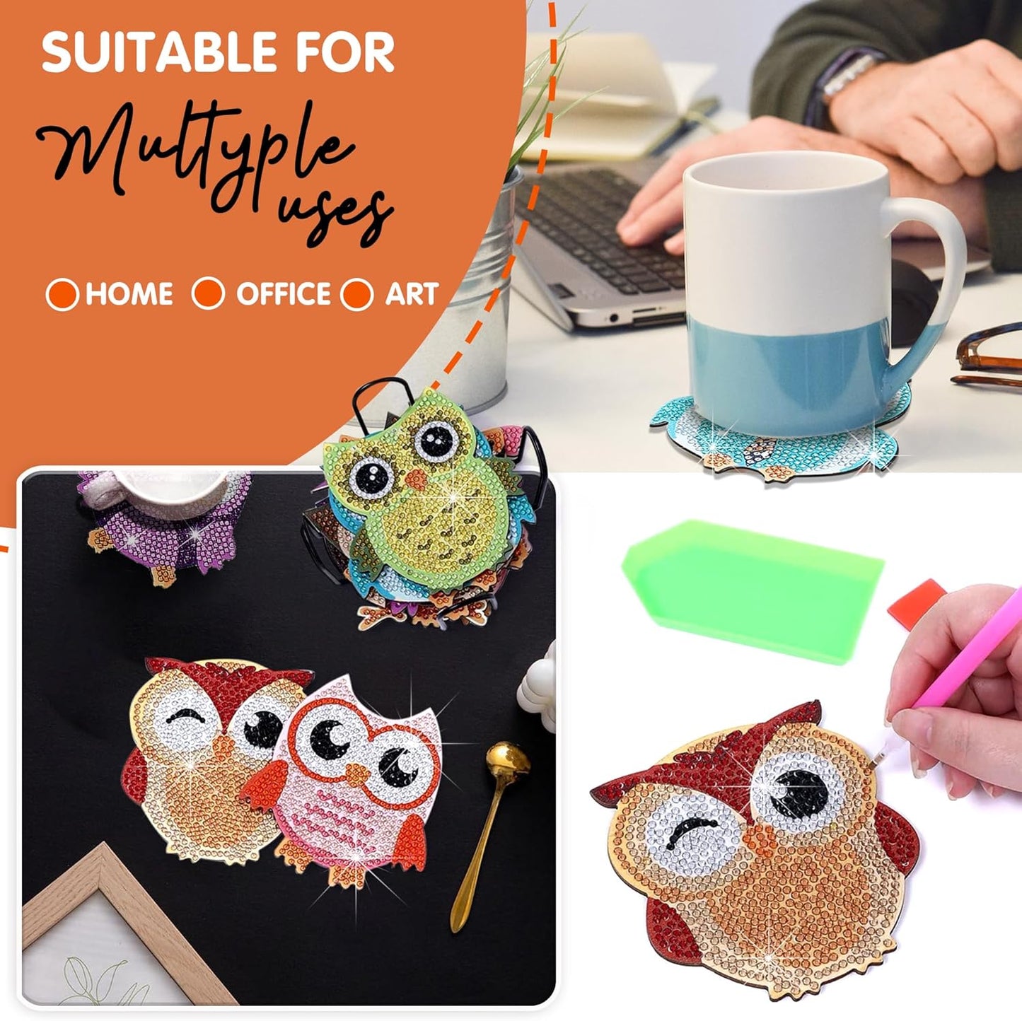 10 pcs Diamond Painting Coasters | Diamond Art Coasters | Owls Diamond Art Painting | Perfect Art Craft Gift for Owl Lover, Dad, Mom, Grandparents, Brother, Sister.