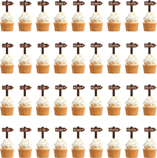 36 PCS Rustic Wedding Cupcake Toppers in Wood Wedding Engagement Cake Decorations