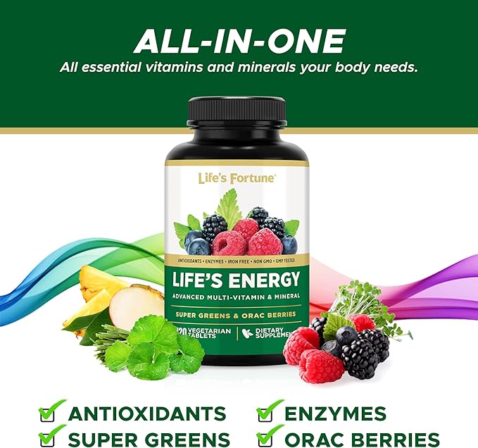 Life's Energy Advanced Daily Multivitamin for Men & Women, Energy & Immune Support Supplement with Super Greens - Antioxidants & Enzymes - Iron Free, Vegetarian, 120 Tablets by Life's Fortune