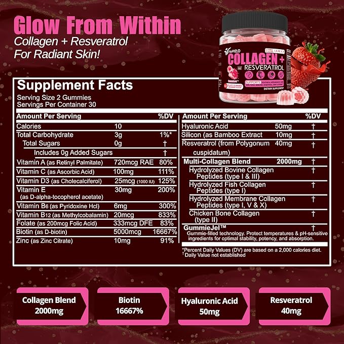 Multi Collagen Gummies Peptides Hydrolyzed Type I, II, III, V, X Plus Resveratrol Hyaluronic Acid & Biotin Gummies for Hair Skin and Nails Vitamins | Colageno Hidrolizado for Women & Men | Sugar Free